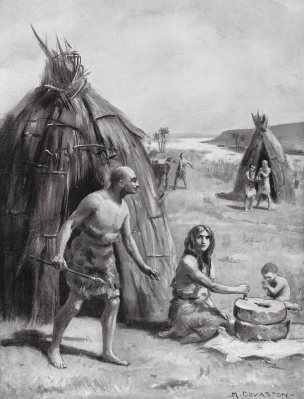 Een primitieve Sumerische nederzetting (litho) door Margaret (after) Dovaston