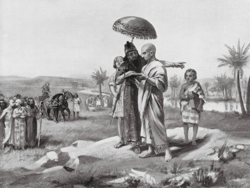 Het regelen van de grens tussen Assyrië en Babylon (litho) door Margaret (after) Dovaston