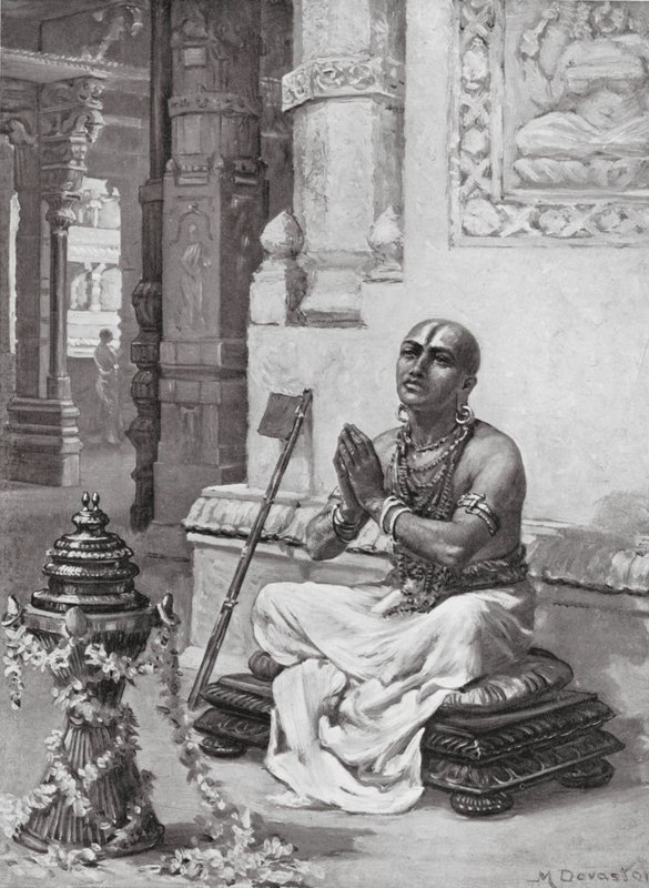 Ramanuja overpeinst zijn filosofie van de ene persoonlijke God, AD 1100 (litho) door Margaret (after) Dovaston