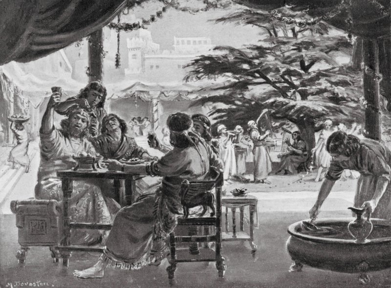 Verheuging in Babylon over de wederopbouw van de stad door Esarhaddon (litho) door Margaret (after) Dovaston
