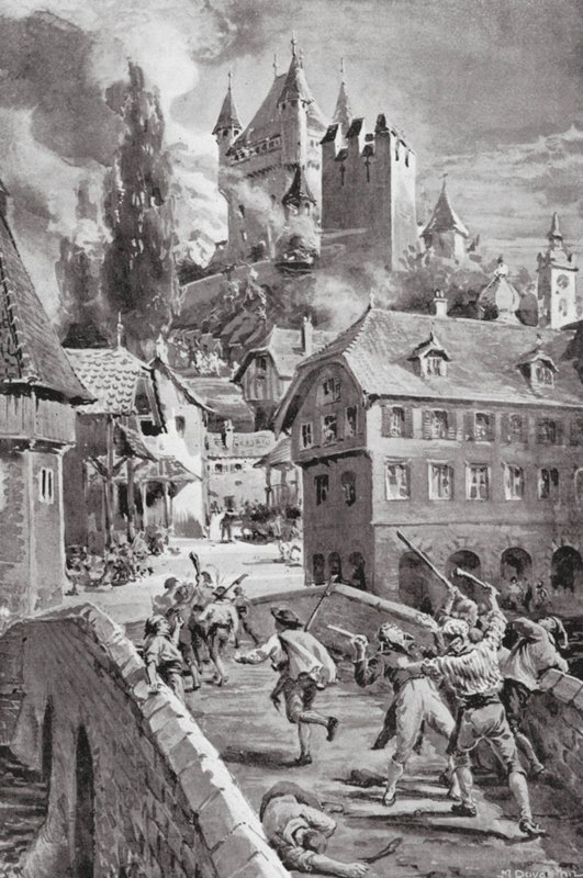 De brand van het kasteel van Wadenschwyl in 1804 (litho) door Margaret (after) Dovaston