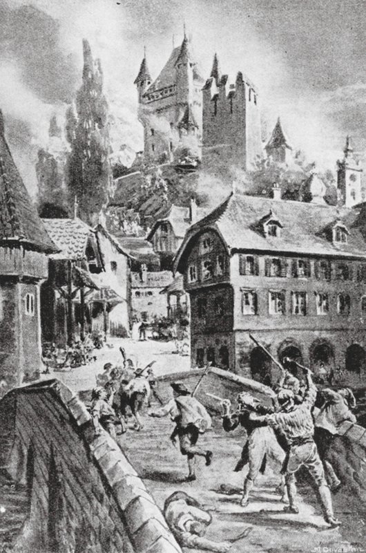 De brand van het kasteel van Wadenschwyl in 1804 (litho) door Margaret (after) Dovaston