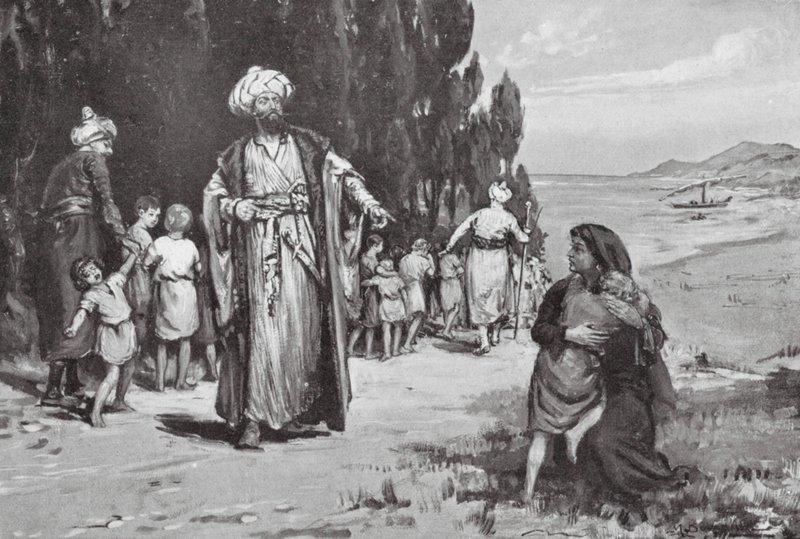 Hulde van kinderen aan de Turken (litho) door Margaret (after) Dovaston