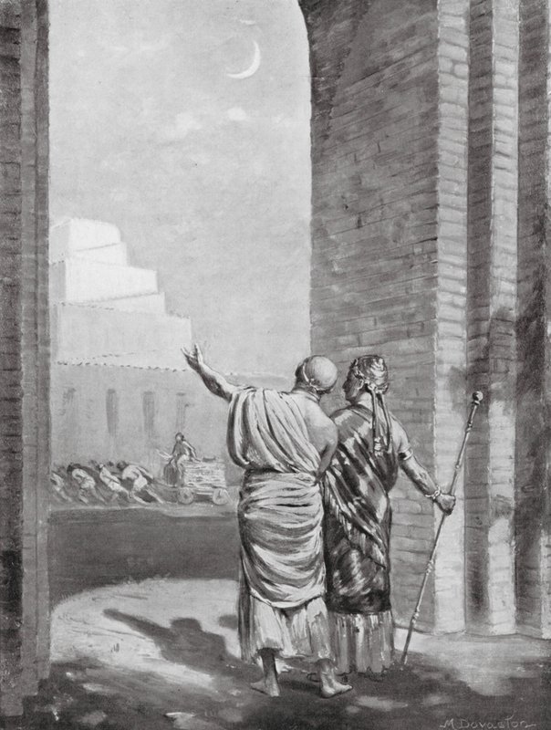 Ur-Engur inspecteert de Tempel van de Maangod tijdens de bouw (litho) door Margaret (after) Dovaston