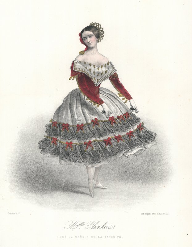 Belgische balletdanseres Adeline Plunkett in La Manola de la Favorite, ca. 1860 (kleur litho) door Marie Alexandre (after) Alophe