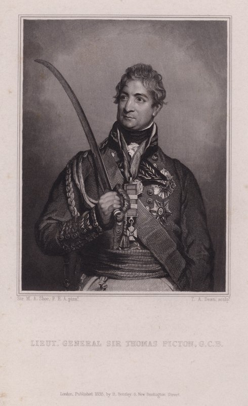 Sir Thomas Picton, Welshe generaal van de Napoleontische oorlogen, gedood in de Slag bij Waterloo (gravure) door Martin Archer (after) Shee