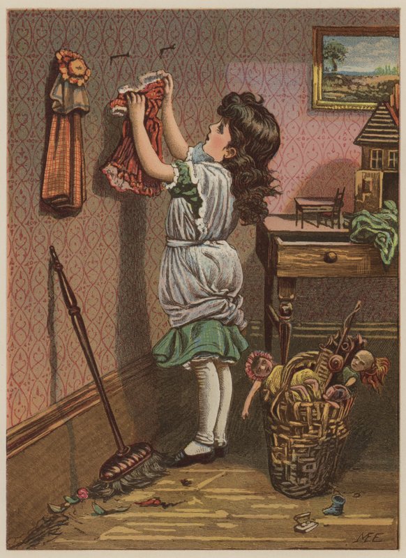 Meisje hangt poppenkleren op door Mary Ellen Edwards