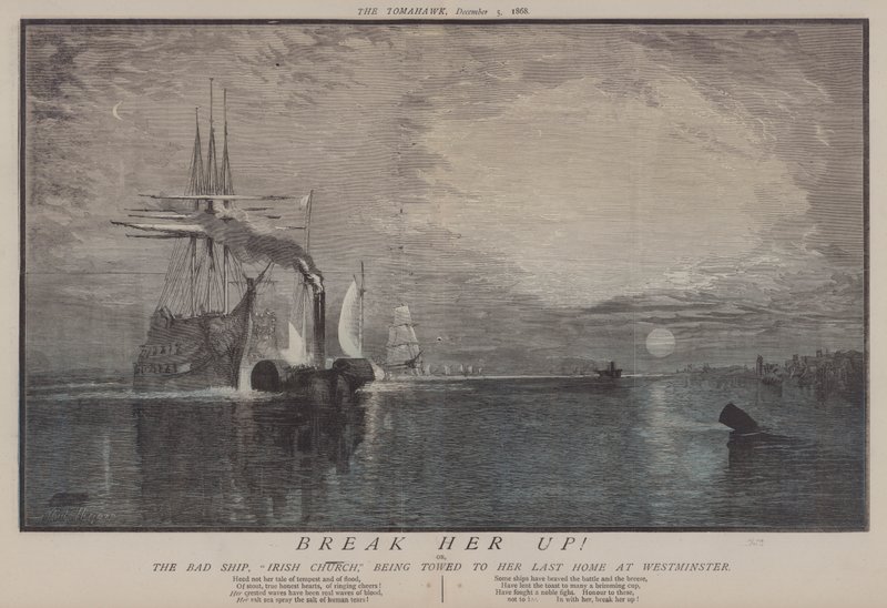 Breek Haar Op! of, Het Slechte Schip Ierse Kerk Wordt naar Haar Laatste Thuis in Westminster Gesleept (kleur litho) door Matthew