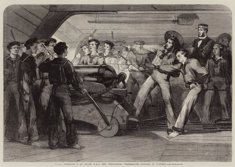 Marine-instructie aan boord van HMS de Britannia, Portsmouth, lessen in geschut door Matthew Somerville Morgan