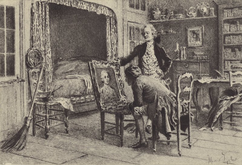Jean-Jacques Rousseau kijkt naar zijn portret door Maurice Leloir