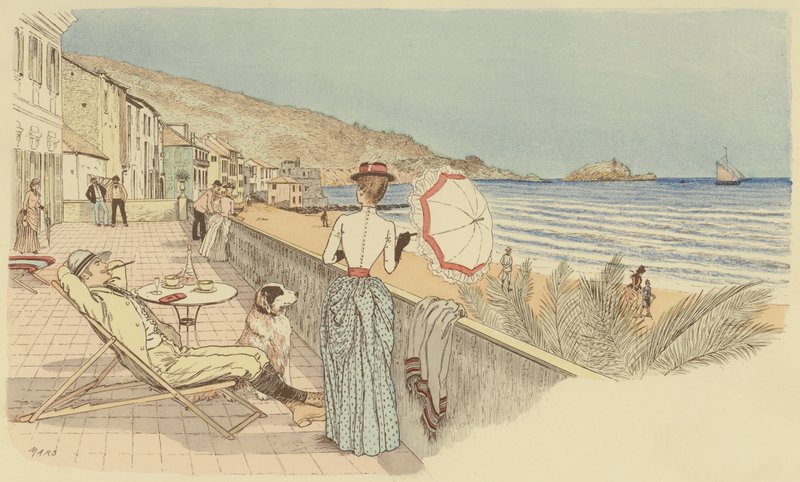 Een stel op huwelijksreis ontspant zich aan zee op het eiland Gallinara, Italië. door Maurice Charles Mathieu Bonvoisin