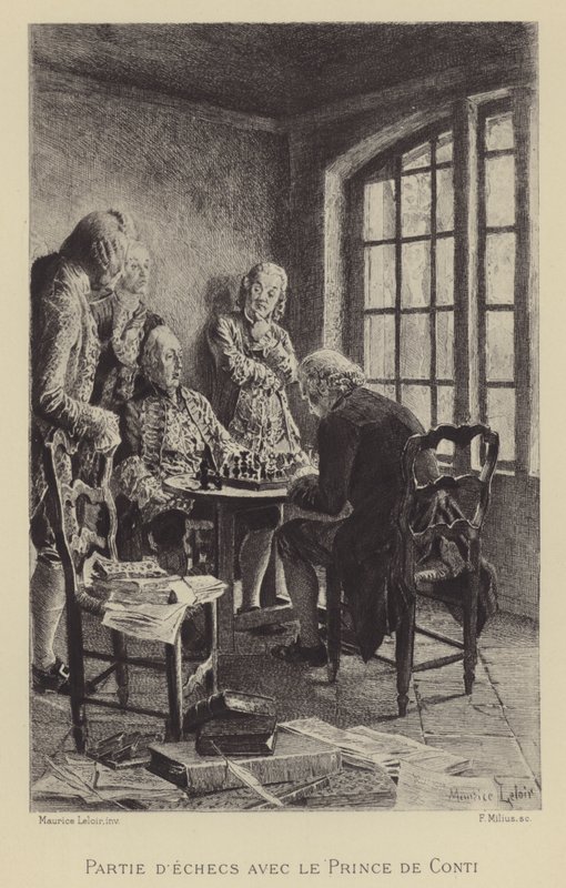 Schaakspel met de Prins van Conti (gravure) door Maurice Leloir