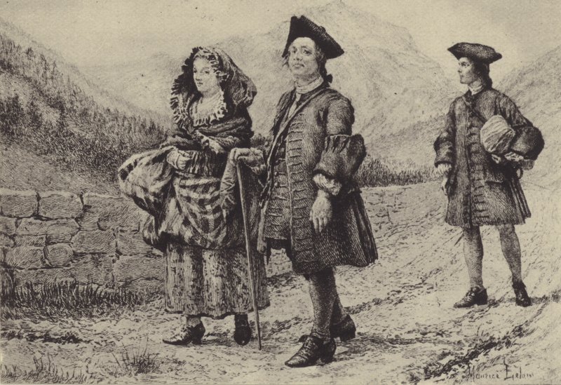 Jean-Jacques Rousseau op de weg met twee metgezellen (gravure) door Maurice Leloir