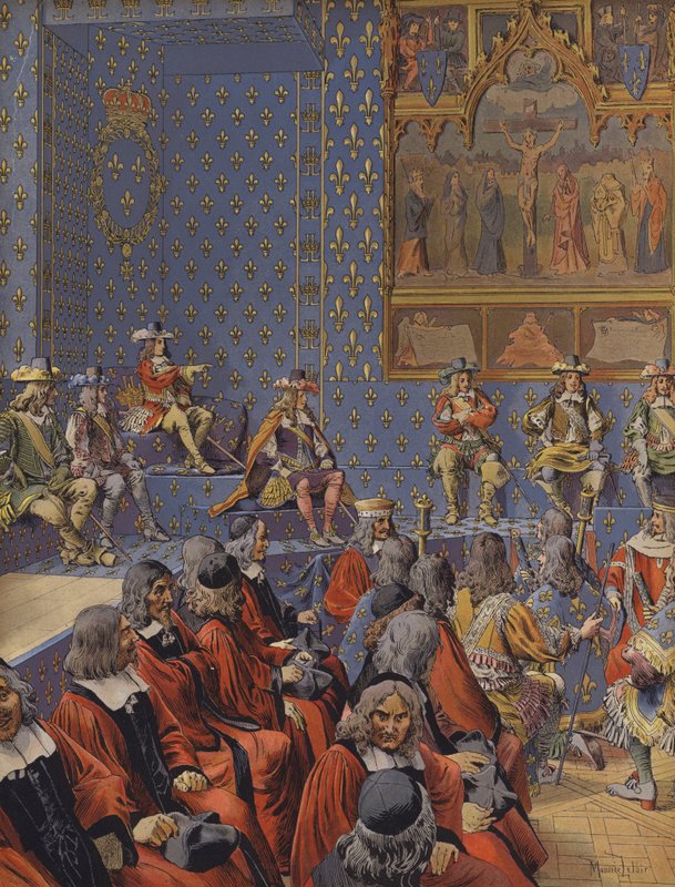 Koning Lodewijk XIV zittend in laarzen in het parlement door Maurice Leloir