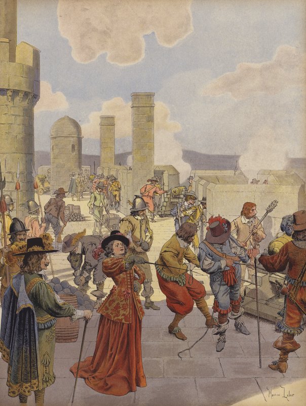 Juffrouw de Montpensier, in de Bastille, beveelt het afvuren van kanonnen op het leger van koning Lodewijk XIV door Maurice Leloir