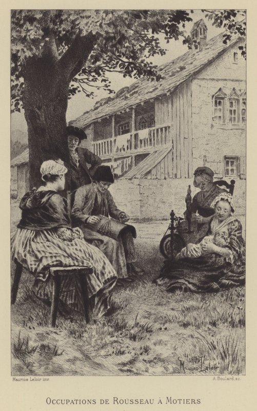 Bezigheden van Rousseau in Motiers (gravure) door Maurice Leloir