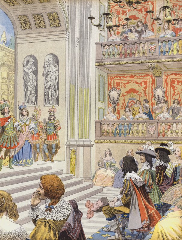 Voorstelling in het theater van Palais Cardinal van Mirame, het toneelstuk geschreven door Richelieu en Desmarets door Maurice Leloir