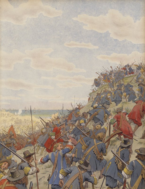 De Slag bij Duinen, de eerste positie ingenomen bij de aanval op de Spanjaarden door Maurice Leloir