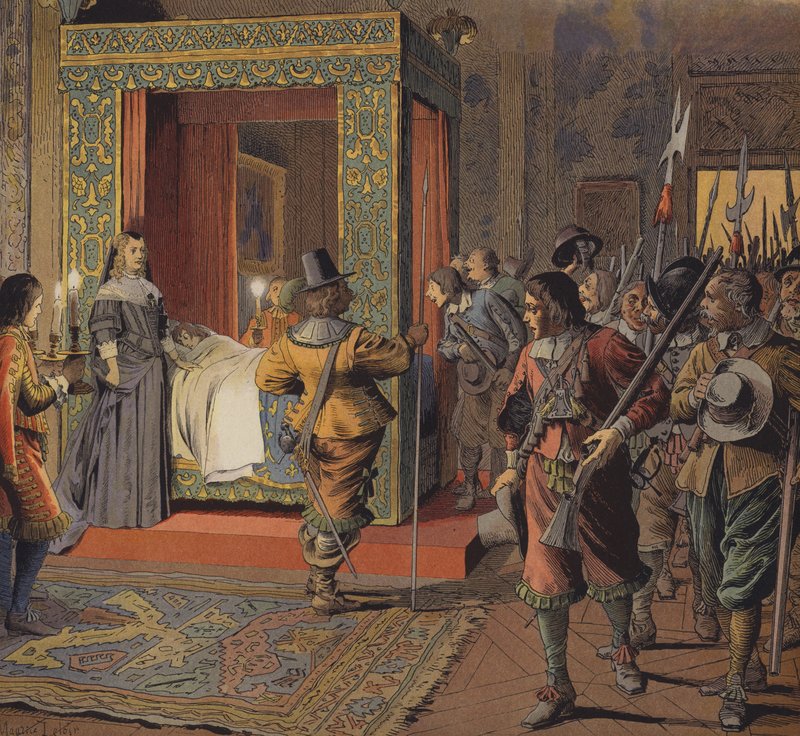 De nacht van 9 februari 1651, de militie marcheert langs het bed van de jonge Lodewijk XIV door Maurice Leloir