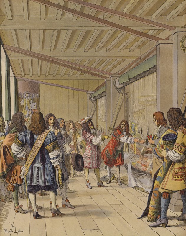 Bezoek van koning Lodewijk XIV aan Gobelins, Lebrun toont hem de werkplaatsen door Maurice Leloir