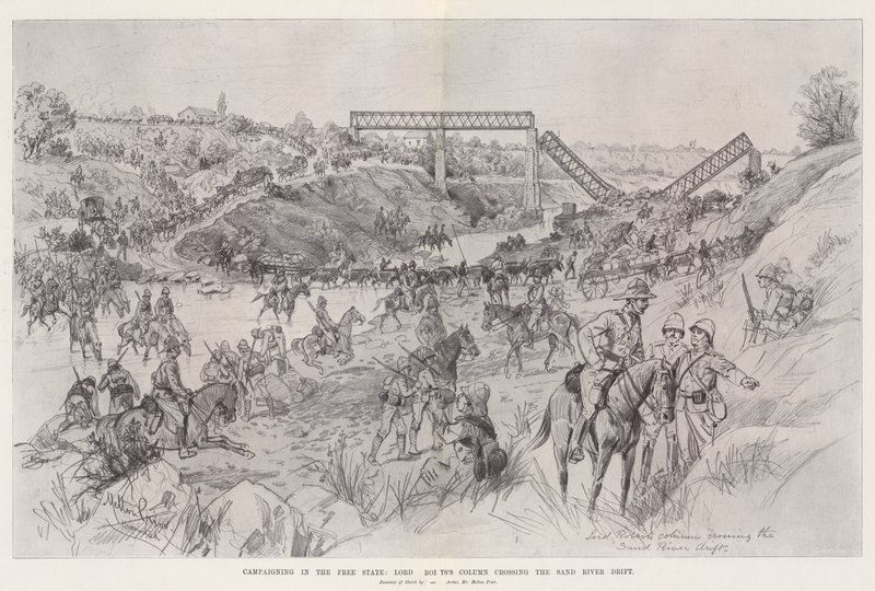 Campagne in de Vrijstaat, de colonne van Lord Roberts steekt de Sand River Drift over door Melton Prior