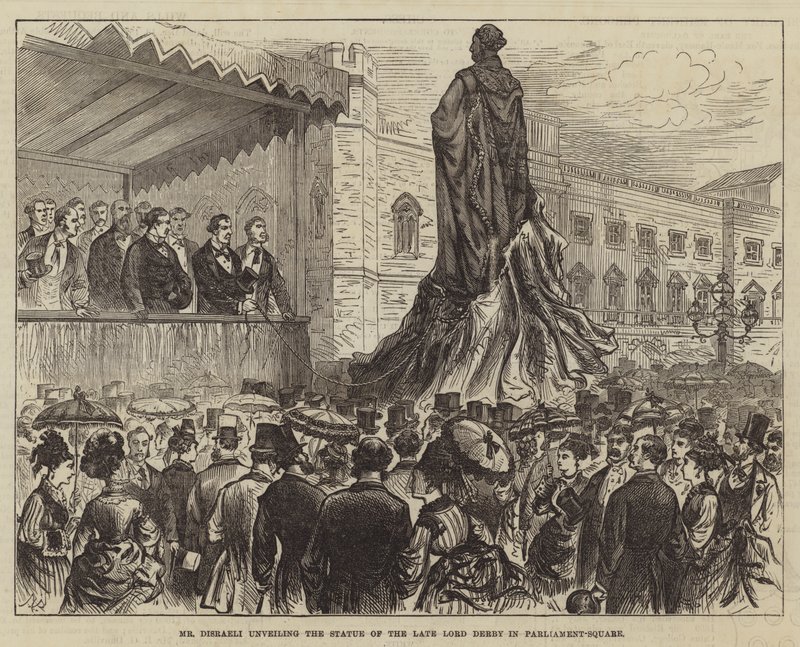 Mr Disraeli onthult het standbeeld van wijlen Lord Derby op Parliament-Square door Melton Prior
