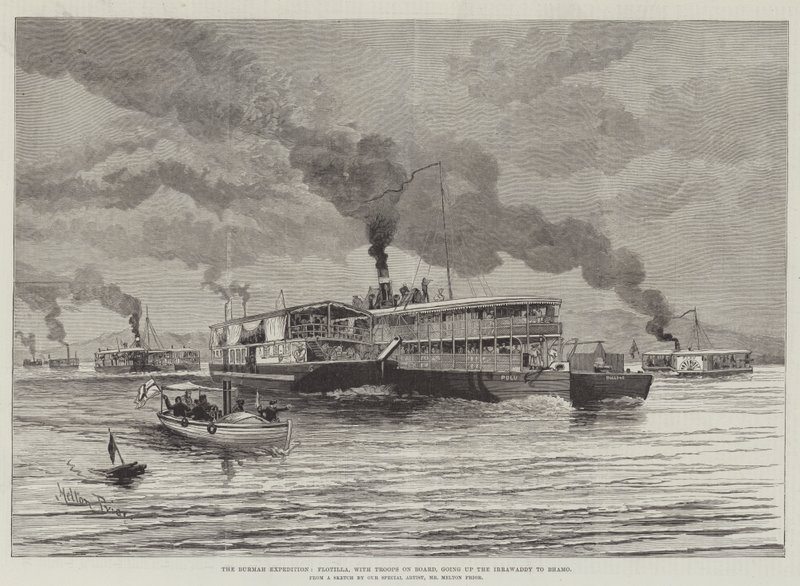 De Burmah Expeditie, Flotilla, met troepen aan boord, op weg naar Bhamo door Melton Prior