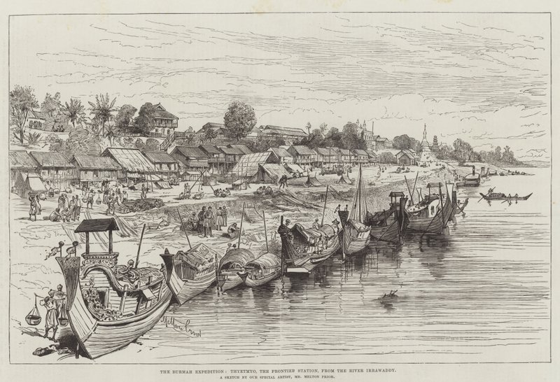 De Burmah-expeditie, Thyetmyo, het grensstation, vanaf de rivier Irrawaddy door Melton Prior
