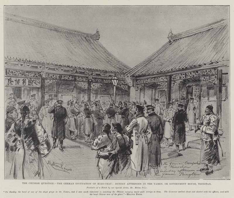 De Chinese kwestie, de Duitse bezetting van Kiao-Chau, zondagmiddag in de Yamen, of het regeringshuis, Tsingtan door Melton Prior