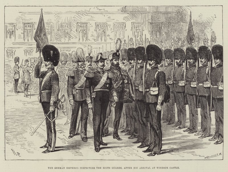 De Duitse Keizer inspecteert de Scots Guards, na zijn Aankomst op Windsor Castle door Melton Prior