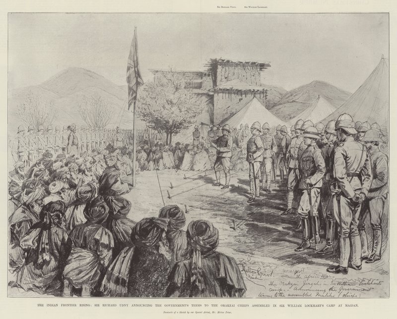 De Indiase grensopstand, Sir Richard Udny kondigt de voorwaarden van de regering aan de Orakzai-hoofden aan, verzameld in het kamp van Sir William Lockhart in Maidan door Melton Prior