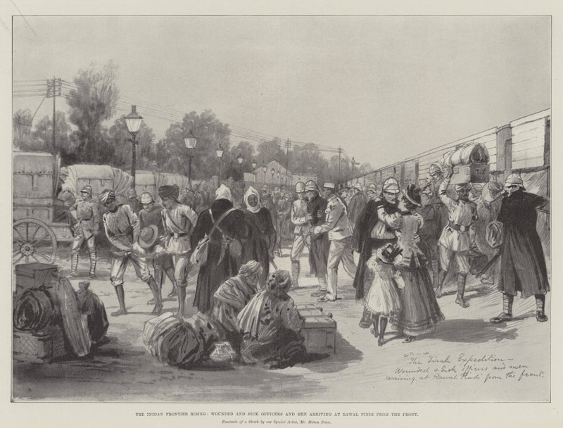 De opstand aan de Indiase grens, gewonde en zieke officieren en mannen arriveren in Rawal Pindi van het front door Melton Prior