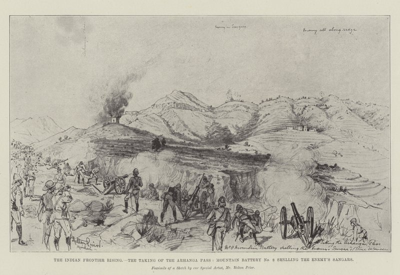 De Indiase Grensopstand, de Inname van de Arhanga Pas, Bergbatterij nr. 8 beschiet de Vijandelijke Sangars door Melton Prior