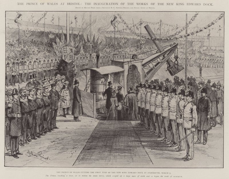 De Prins van Wales in Bristol, de inhuldiging van de werken van het nieuwe King Edward Dock door Melton Prior