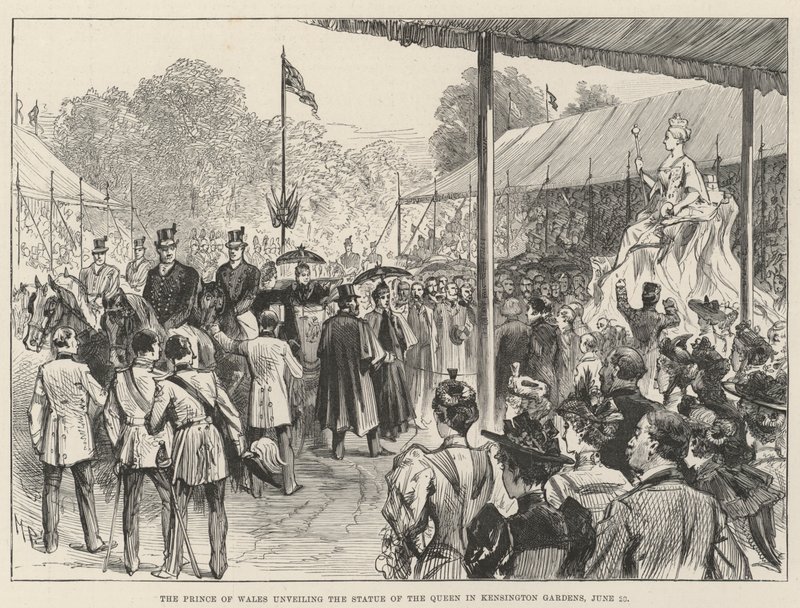 De Prins van Wales onthult het Standbeeld van de Koningin in Kensington Gardens, 28 juni door Melton Prior