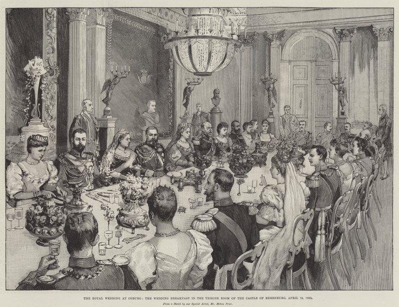 Het Koninklijk Huwelijk in Coburg, het Huwelijksontbijt in de Troonzaal van het Kasteel van Ehrenburg, 19 april 1894 door Melton Prior