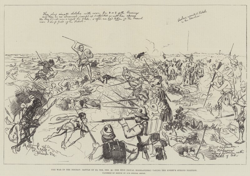 De oorlog in Soedan, slag bij El Teb, 29 februari, de 42e (Royal Highlanders) nemen de sterke positie van de vijand in door Melton Prior