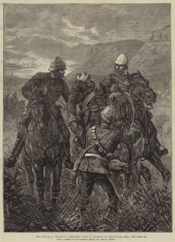 De Zoeloe-oorlog, de dood van luitenant Frith in een schermutseling bij Erzungayan Hill door Melton Prior