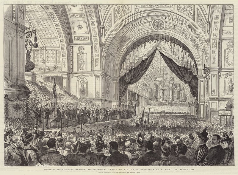 Opening van de Melbourne-tentoonstelling, de gouverneur van Victoria, Sir H B Loch, verklaart de tentoonstelling voor geopend in naam van de koningin door Melton Prior