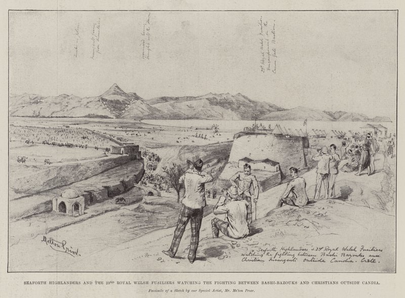 Seaforth Highlanders en de 23e Royal Welsh Fusiliers kijken naar de gevechten tussen Bashi-Bazouks en christenen buiten Candia door Melton Prior