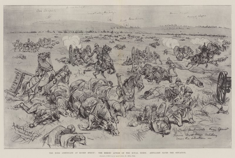 De Boeren hinderlaag bij Koorn Spruit, de heldhaftige actie van de Royal Horse Artillery redt de situatie door Melton Prior