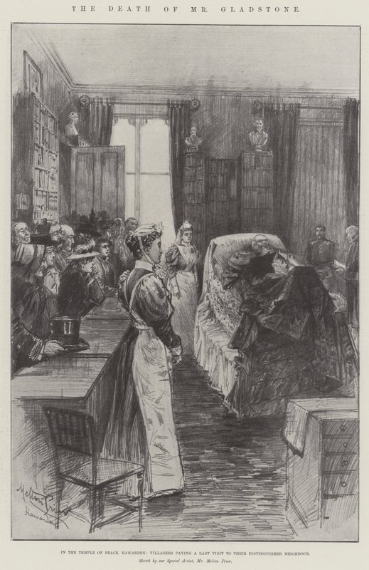 De Dood van Mr Gladstone, in de Tempel van Vrede, Hawarden, Dorpsbewoners brengen een Laatste Bezoek aan hun Beroemde Buurman door Melton Prior