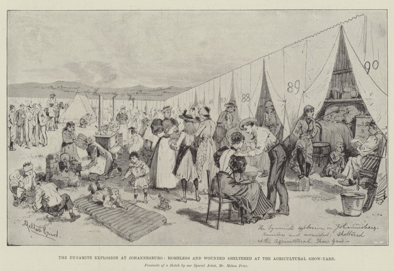 De Dynamietexplosie in Johannesburg, Daklozen en Gewonden opgevangen op het Landbouwtentoonstellingsveld door Melton Prior