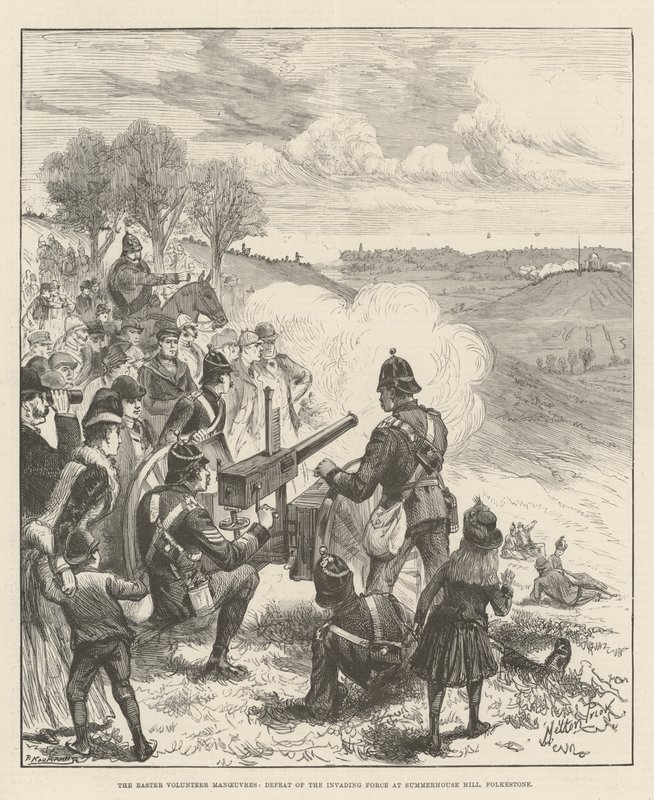 De paasvrijwilligersmanoeuvres, nederlaag van de invasiemacht op Summerhouse Hill, Folkestone door Melton Prior