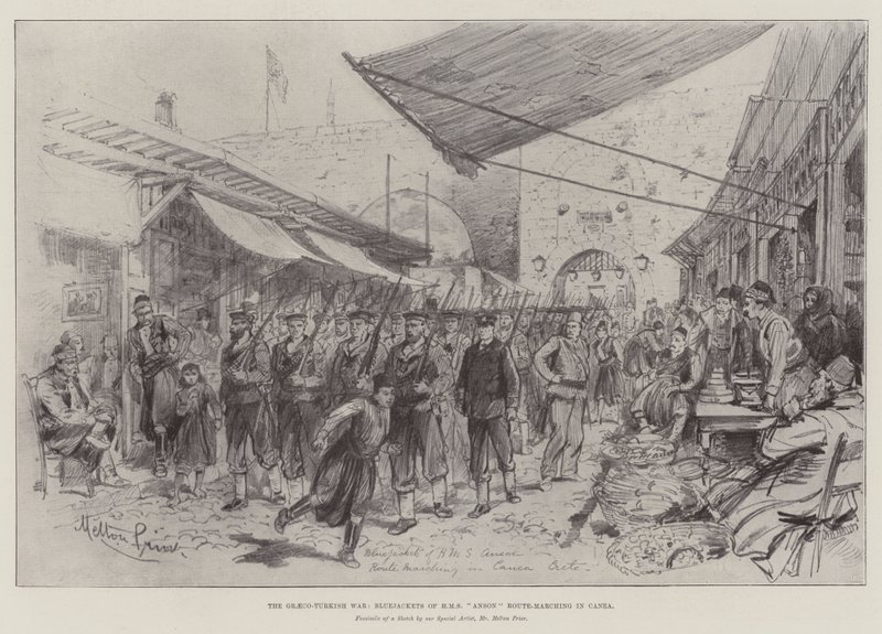 De Grieks-Turkse oorlog, matrozen van HMS Anson marcheren in Canea door Melton Prior