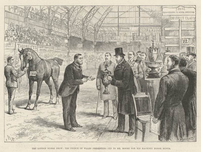 De Londense Paardenshow, de Prins van Wales overhandigt de Beker aan Mr Moore voor zijn Hackney Paard Rufus door Melton Prior