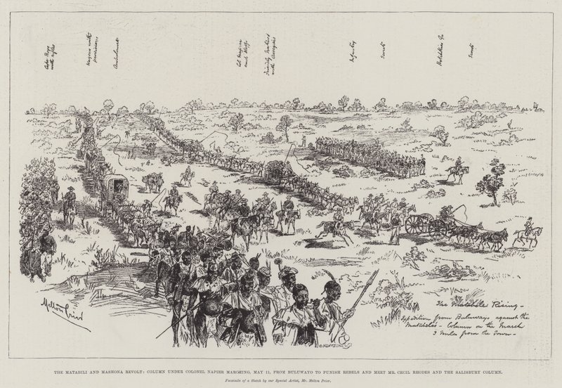 De Matabili en Mashona Opstand, Kolom onder Kolonel Napier marcherend, 11 mei, van Buluwayo om Rebellen te straffen en de heer Cecil Rhodes en de Salisbury Kolom te ontmoeten door Melton Prior