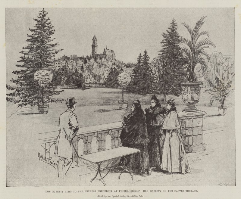 Het bezoek van de koningin aan de keizerin Frederick in Friedrichshof, Hare Majesteit op het kasteelterras door Melton Prior