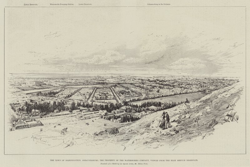 De stad Doornfontein, Johannesburg, eigendom van de Waterworks Company, gezien vanaf het High Service Reservoir door Melton Prior