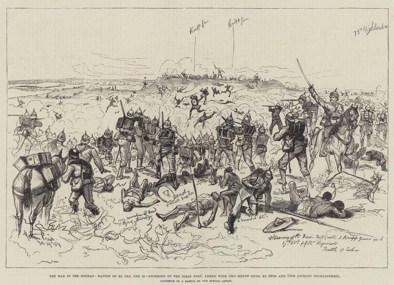 De oorlog in de Soedan, slag bij El Teb, 29 februari, bestorming van het eerste fort, bewapend met twee Krupp-kanonnen, door de 65e en 75e, Gordon Highlanders door Melton Prior